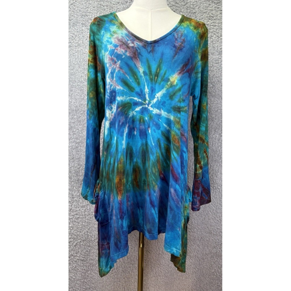 Blue Gecko Womens L Tie Dye Tunic Top Asymmetrical V Neck Pockets Boho Longline